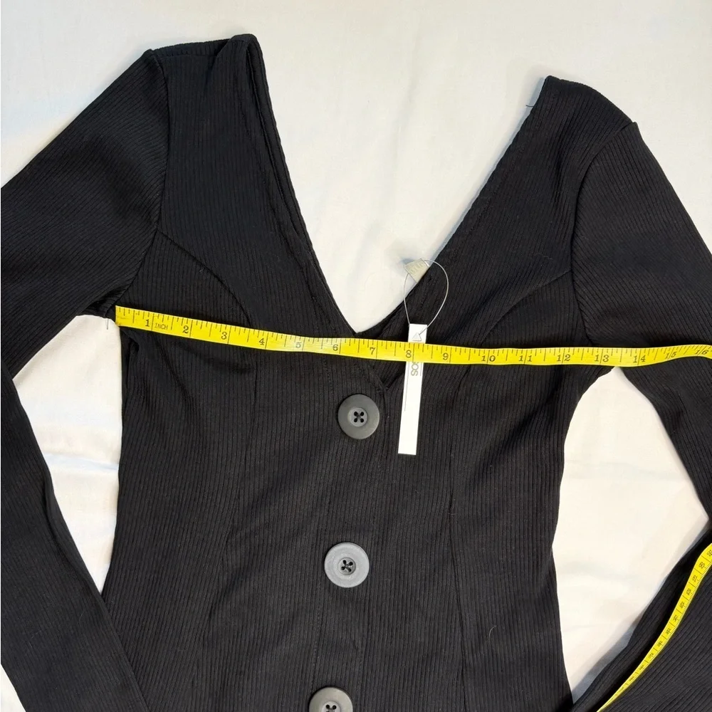 NWT ASOS Black Ribbed Knit Fit & Flare Button Front V-Neck Long Sleeve Dress